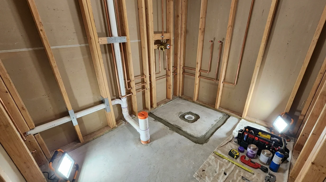 Bathroom rough-in plumbing during remodel by Johns Plumbing LLC in Galax