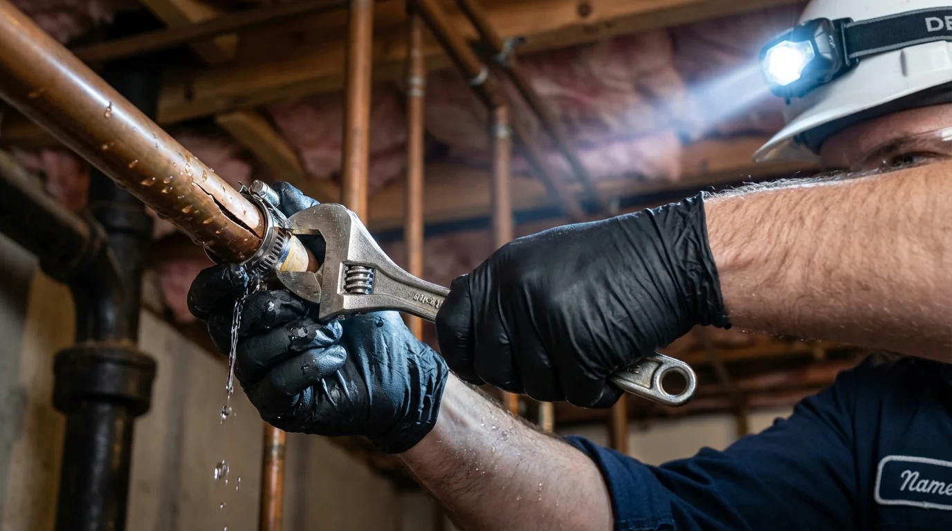 Emergency pipe clamp repair being performed by a Johns Plumbing LLC plumber in Galax