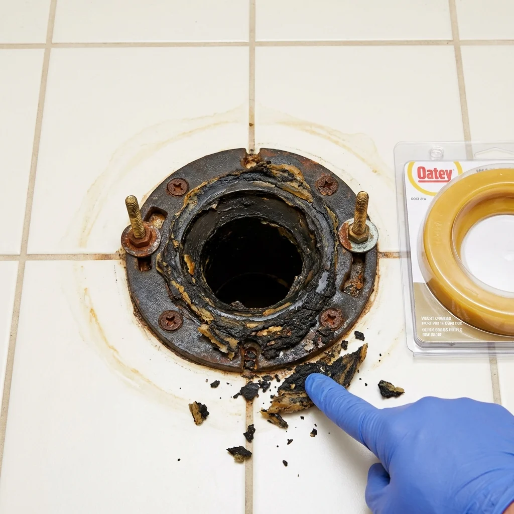 Failed wax ring showing water seepage at the base of a toilet in a Galax, VA home