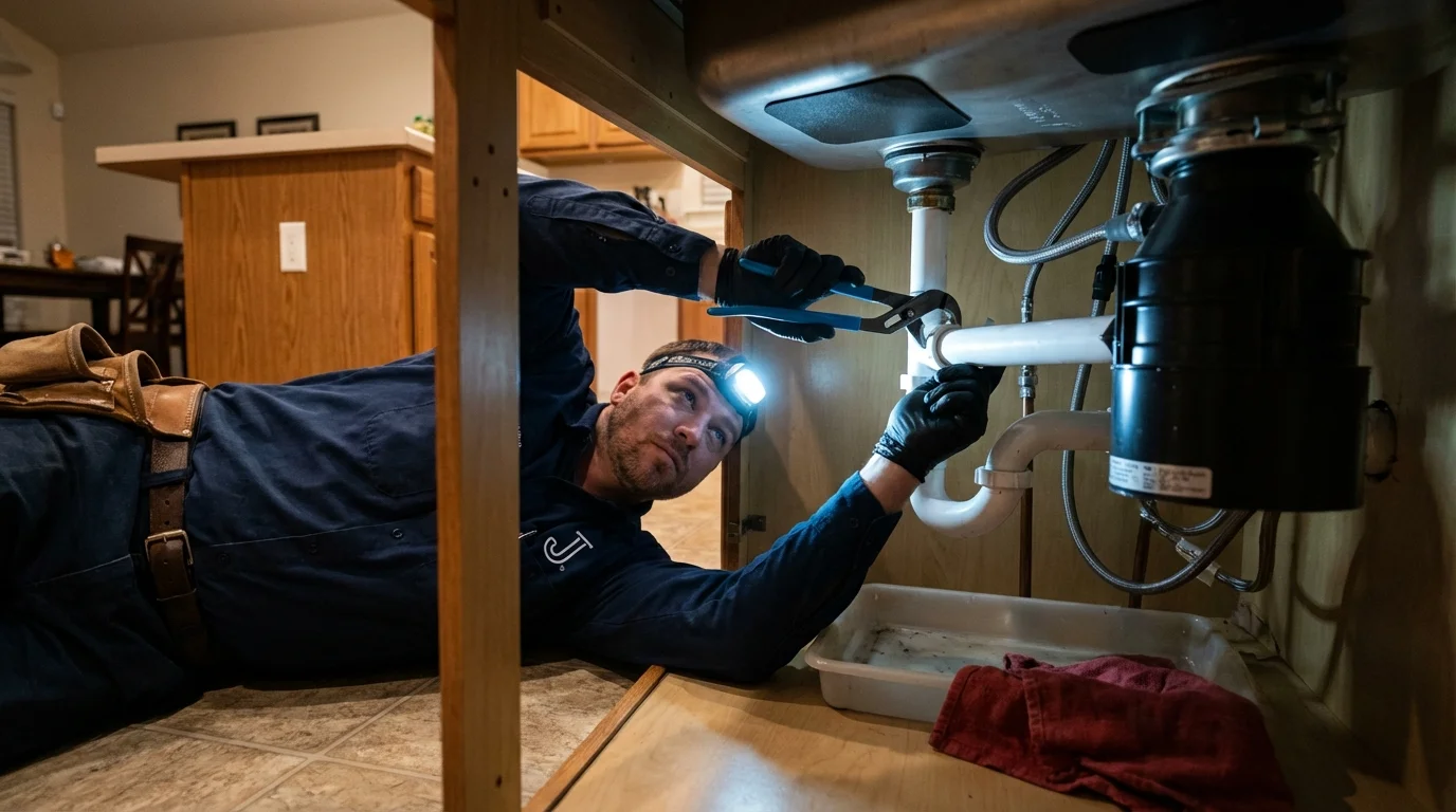P-trap and supply line connections under a kitchen sink showing a common leak point in Galax, VA